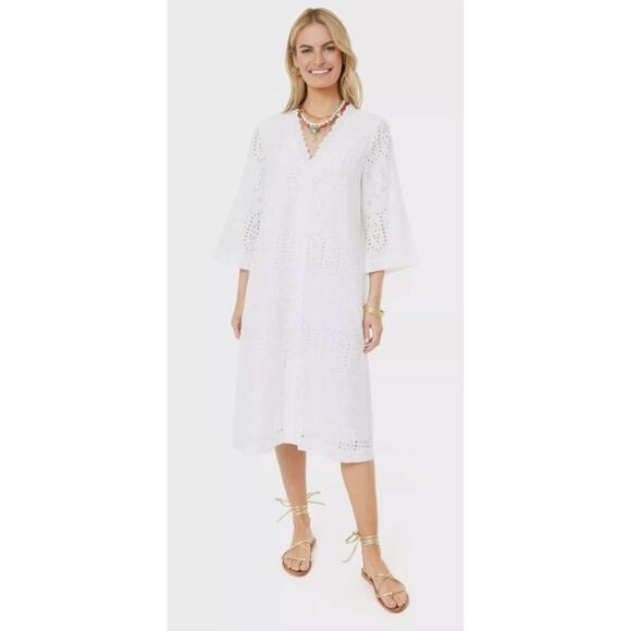 Tuckernuck Provincial Eyelet Cote D’Azur White Caftan Midi Dress Coverup Med - Picture 1 of 12